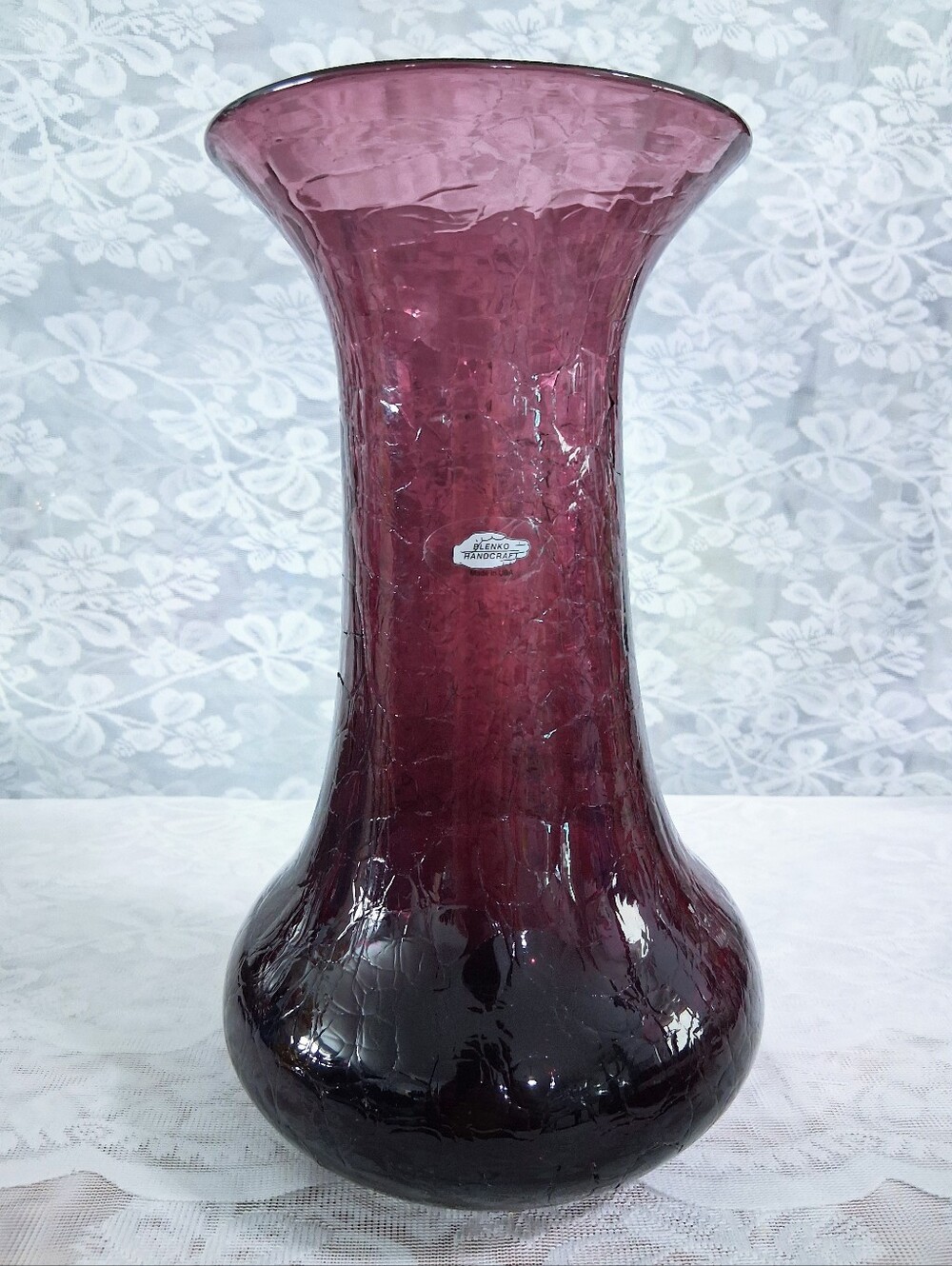 Vintage Large Blenko Vase Amethyst Crackle Glass Husted Design Hourglass 11.75"